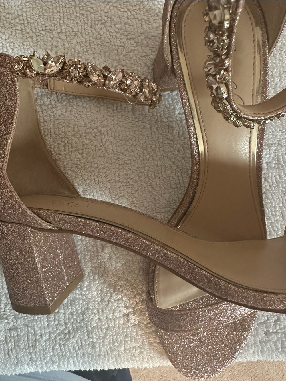 Jewel Badgley Mischka Rose Gold Glitter Jeweled Ankle-Strap Block Heels - Picture 3 of 6